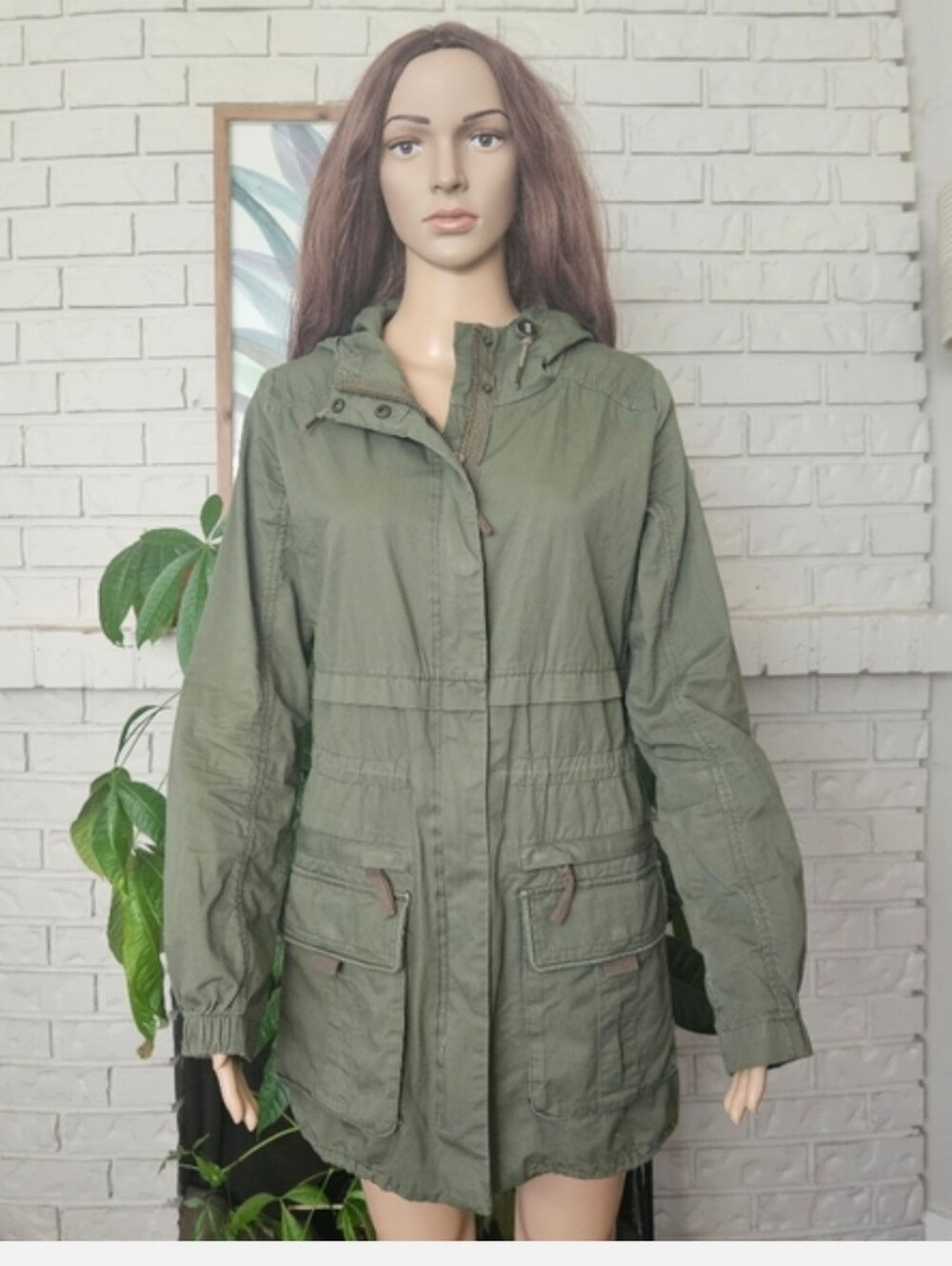 Garage Military Parka Utility Jacket Olive Green Hooded Women's Long Line Coat